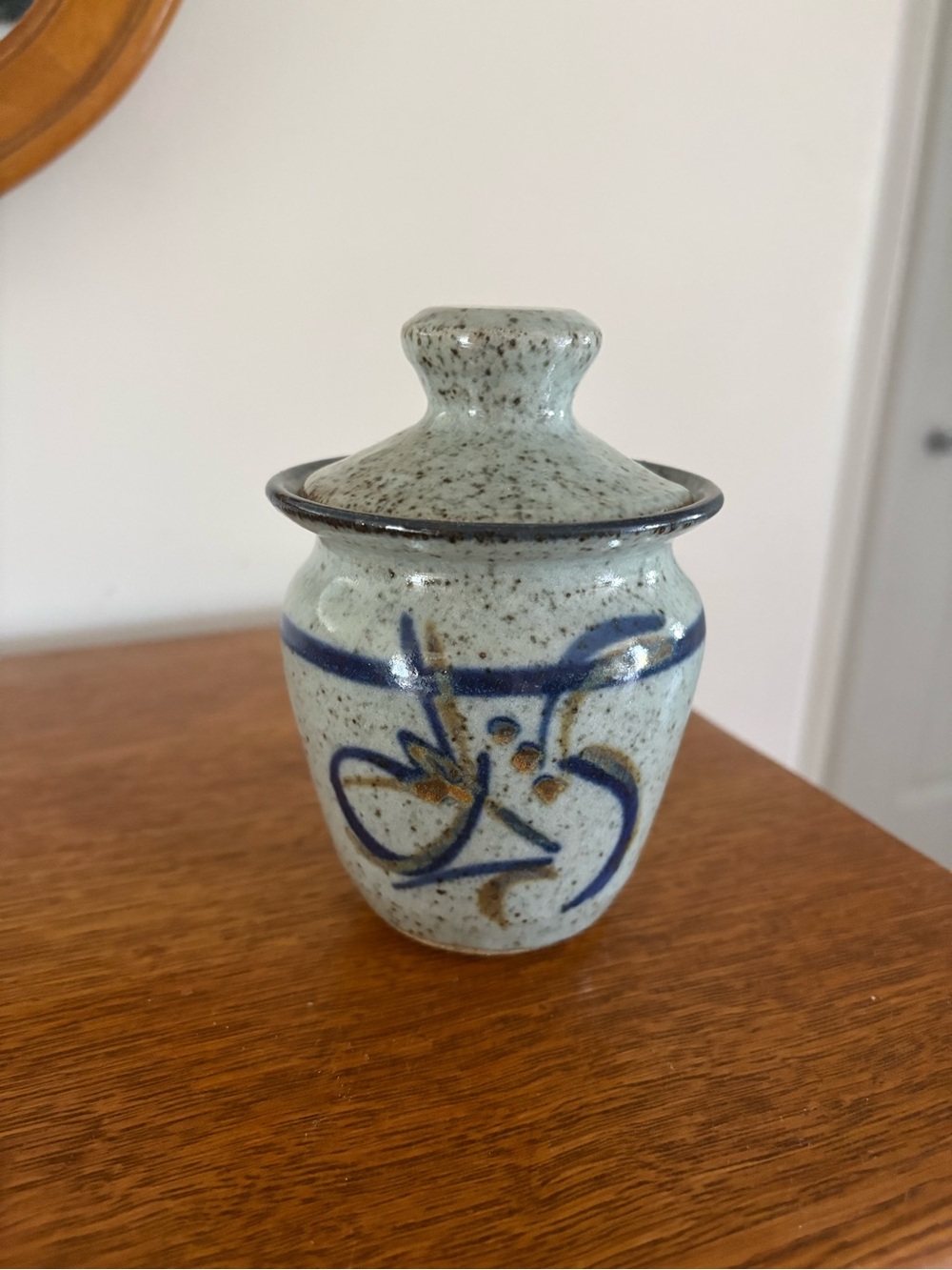 Beaver Hats Pottery Speckled Blue and Grey Ceramic Lidded Honey or Sugar Pot